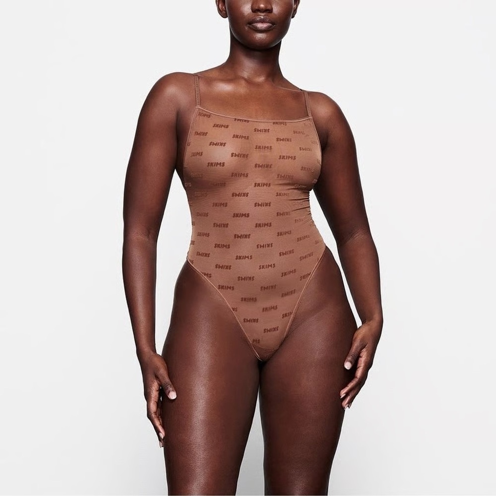 SKIMS After Hours Mesh Cami Bodysuit, Jasper Brown, Size XXS